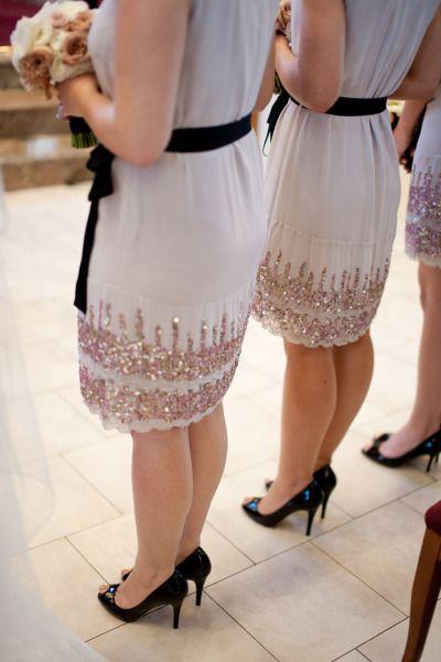 Hochzeit - Black Sashes And Shoes Offset These White Bridesmaid Dresses. And GLITTER