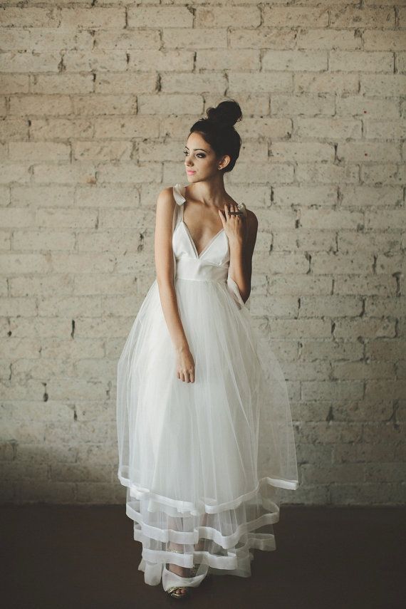 زفاف - PETITE Deep V Neck Floor Length A Line Tiered Tulle Wedding Dress - Juliana By Ouma - Ready To Ship
