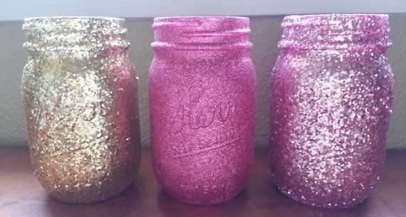 زفاف - Glittered Mason Jars, Pink Glitter, Gold Glitter, Wedding Mason Jar