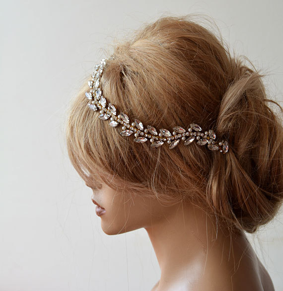 Wedding - Marriage Bridal Headband, Rhinestone Headband, Wedding Headband, Gold Rhinestone Tiara, Pearls, Crown, Hair Accessory, Wedding Accessory
