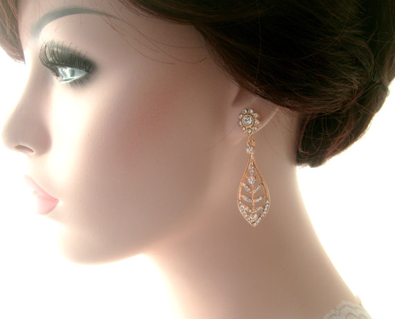 Hochzeit - Bridal necklace -Rose gold dangle leaf earrings-Wedding earrings-Rose gold art deco rhinestone Swaroski crystal earrings - Wedding jewelry