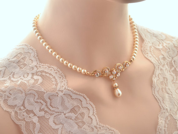 Hochzeit - Bridal necklace -Rose gold vintage inspired art deco Swarovski crystal rhinestone bridal necklace -Swarovski crystal and pearl necklace