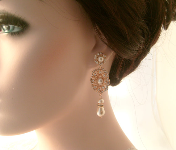 Wedding - Rose gold dangle earrings-Rose gold bridal earrings-Rose gold art deco rhinestone Swaroski crystal earrings - Wedding jewelry
