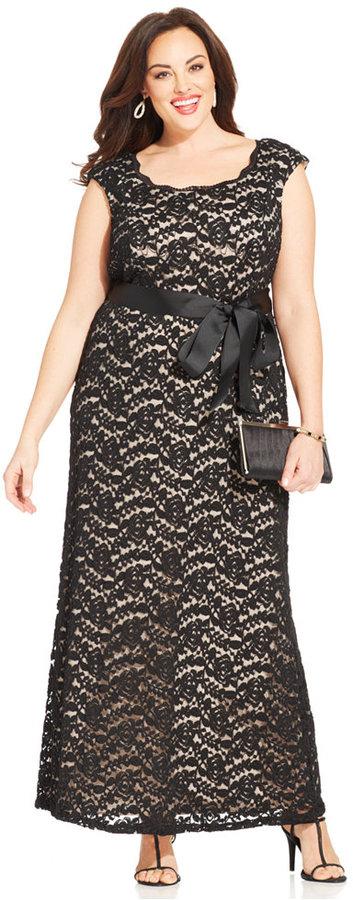 Mariage - R&M Richards Plus Size Contrast-Lace Belted Gown