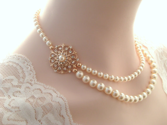 Hochzeit - Bridal necklace-Rose gold vintage inspired art deco Swarovski crystal rhinestone bridal necklace -Swarovski crystal and pearl necklace