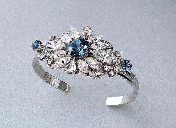 Wedding - Wedding Bracelet - Bridal Bracelet, Something Blue, Cuff Bracelet, Crystal Bracelet, Swarovski Crystals, Vintage Style, Gatsby Style - VERA