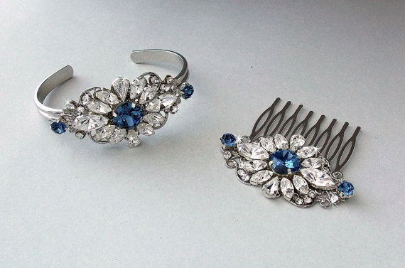 Mariage - Wedding Jewelry SET, Wedding Bracelet Set, Bridal Bracelet Set, Wedding Hair Comb, Wedding Bracelet, Something Blue - BELLA