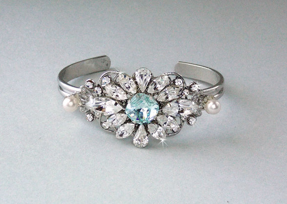 Mariage - Wedding Bracelet - Bridal Bracelet, Something Blue, Cuff Bracelet, Crystal Bracelet, Swarovski Crystals and Pearls, Gatsby Style - HELENA