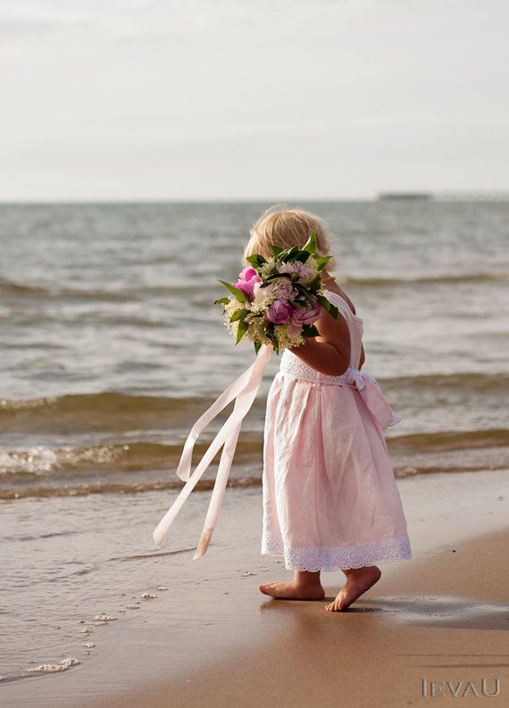 Hochzeit - WINTER SALE Beach Weddings Pink Linen Handmade Flower Girl Dress