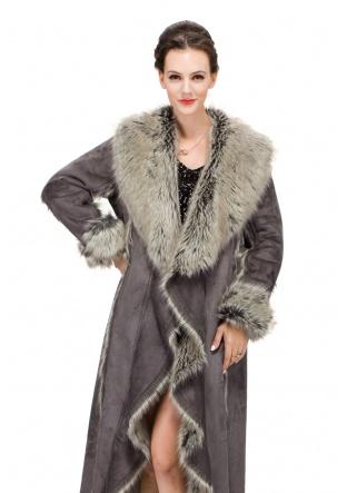 Mariage - Gray faux suede with fox fur large collar women full length coat
