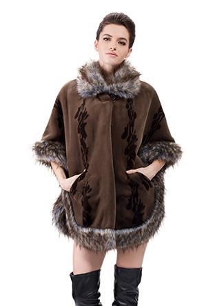 Mariage - Faux dark coffee rabbit cashmere with peacock cashmere short fur coat