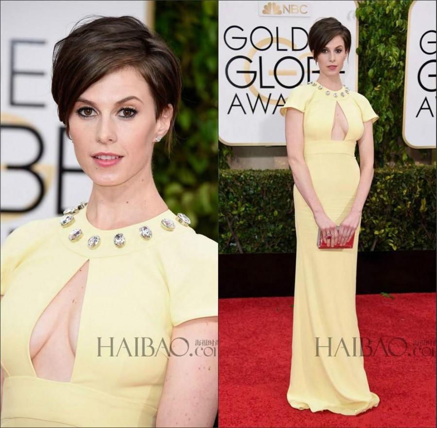 Mariage - Wholesale Evening Dresses - Buy The 72th Annual Golden Globe Awards Evening Dresses Elettra Wiedemann Red Carpet Celebrity Dresses Yellow Chiffon Short Sleeves Sheath Hot, $100.79 