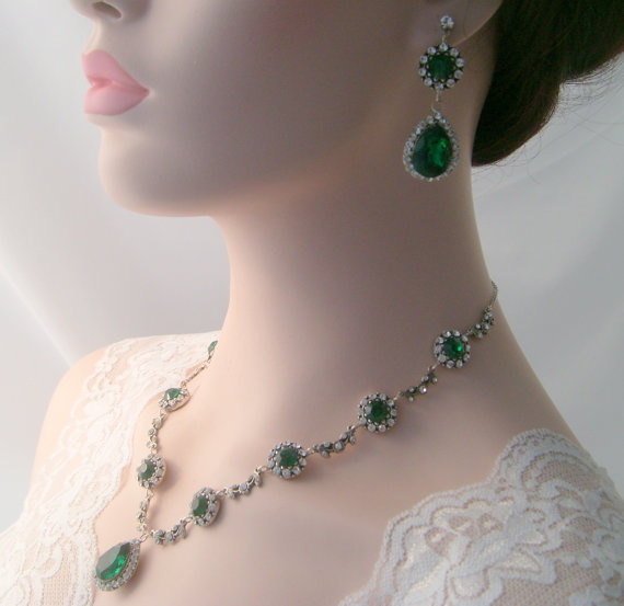 زفاف - Bridal necklace set -Emerald green vintage inspired art deco Swarovski bridal set -Wedding jewelry -Bridal jewelry-Crystal necklace