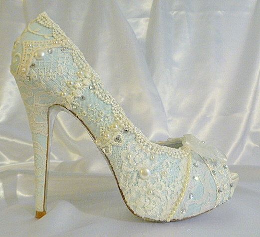 Mariage - Something Blue Lacey Bridal Shoes With 5 Inch Heels .. With Vintage Lace And Swarovski Crystals