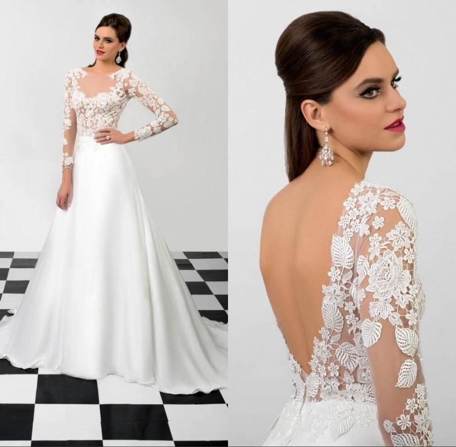 Mariage - Cheap Cheap Wedding Dresses - Discount 2015 Sexy Spring Wedding Dresses Chapel Train Satin Bridal Illusion Long Sleeves Beach Gowns See Through Scoop A-line Vintage Bridal Gowns Online with $108.85/Piece on Hjklp88's Store 