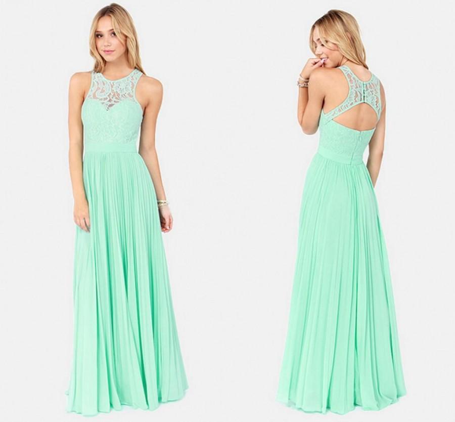 Wedding - Discount Charming Open Back Chiffon Evening Dresses 2015 Spring Hot Sale Mint Green Lace Maxi Dress Tank Straps Long Bridesmaids Dress Formal Gowns Online with $95.95/Piece on Hjklp88's Store 