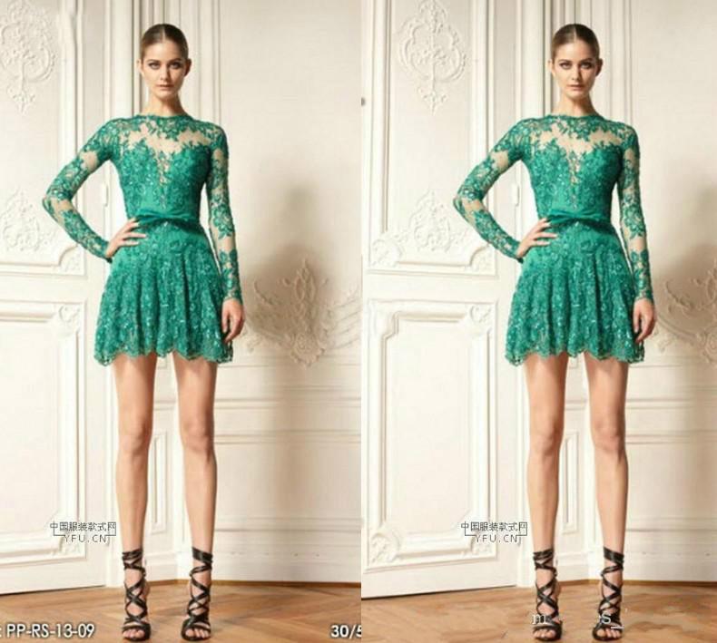 Mariage - Discount Green Zuhair Murad Cocktail/Party Dresses 2015 Hot Short Style Mini Crew Sheer Neck Lace Long Sleeve Knee Length Custom Made Prom Dress Online with $99.18/Piece on Hjklp88's Store 