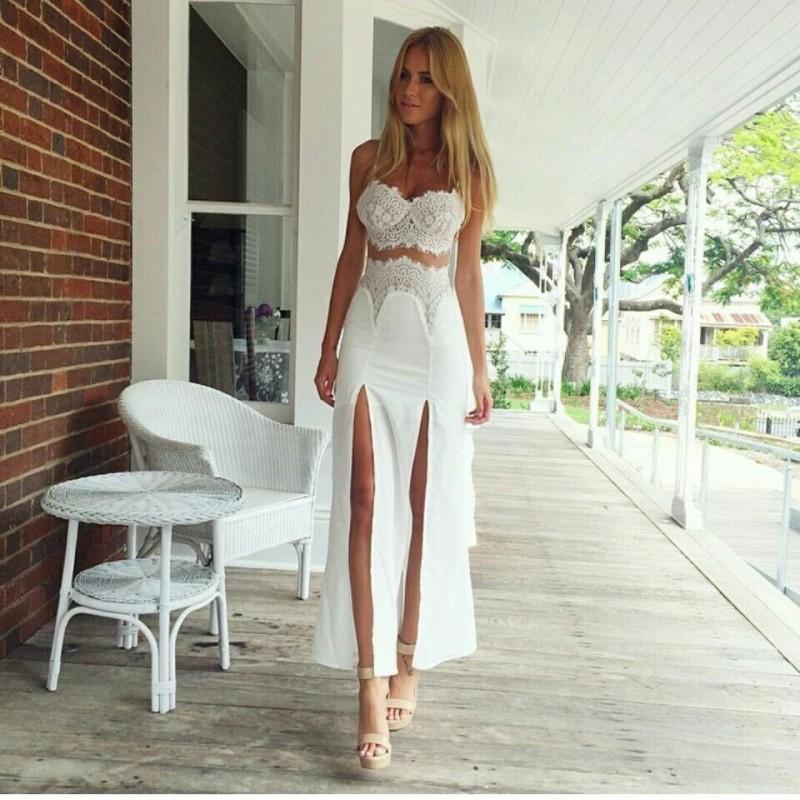 Mariage - Discount Beach Sexy White Evening Dresses 2015 Two Pieces Lace Split Sweetheart Sleeveless Dress Chiffon Floor Length Prom Dress Party New Arrival Online with $99.98/Piece on Hjklp88's Store 
