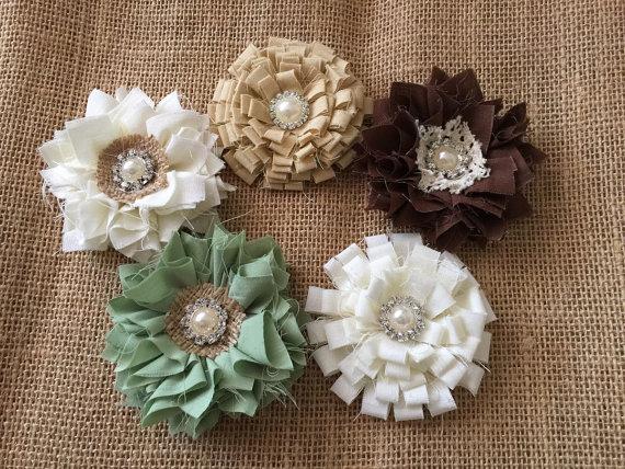 Mariage - 5 shabby chic handmade fabric flowers, ivory, brown, beige and sage green