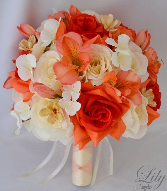 17pcs Wedding Bridal Bouquet Silk Flower Decoration Package CORAL IVORY ORANGE 