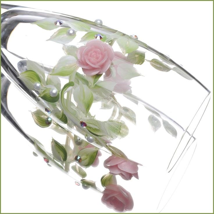 Свадьба - Bride And Groom Flutes - Hand Painted Leaf And Pink Rose Flower Champagne Toasting Glasses - Set Of Two