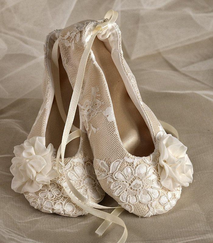 Mariage - Satin Flower Girl Shoes - Baby Toddle, Ballet Flats For Flower Girls Champagne Lace Ballerina Slippers