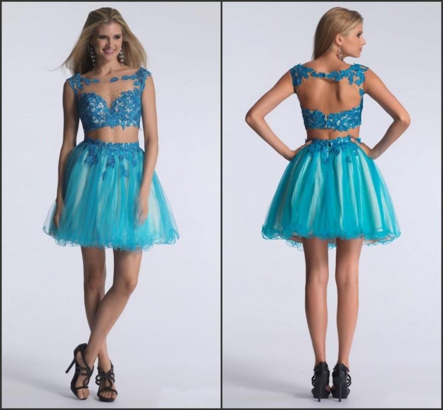 زفاف - Wholesale 2015 Cocktail Dresses - Buy Sexy Cocktail Dresses Sheer Neck Two Pieces Backless A-Line Tulle Sleeveless Applique Sequins Short Mini Fashion Prom Dresses Party Custom, $103.21 