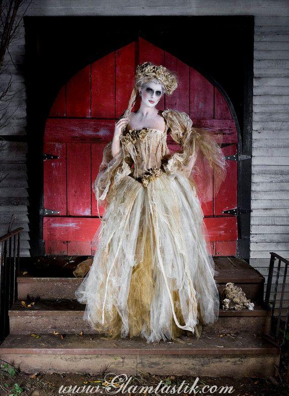 زفاف - Custom Size Ivory Tea Stained Lace And Tulle Burlesque Dress Victorian Zombie Corpse Bride W Head Piece And Bouquet Costume Sm-XL