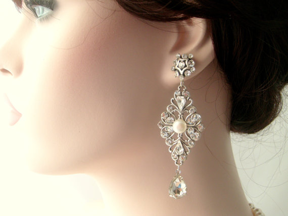Hochzeit - Bridal earrings-Vintage inspired art deco earrings-Swarovski crystal rhinestone earrings-Antique silver earrings-Vintage wedding