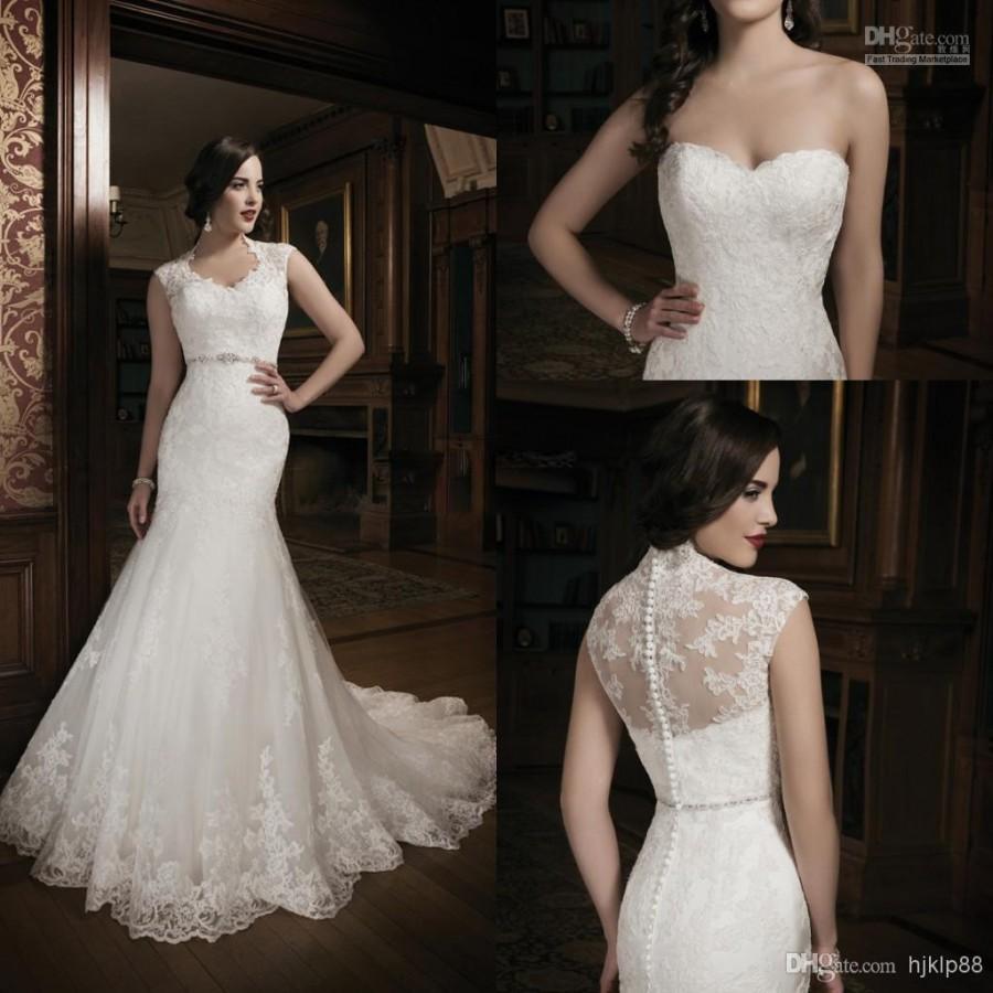 Hochzeit - 2014 New Collection Mermaid Lace Ivory Wedding Dress Bridal Gown With Lace Jacket Sweet-heart Court Train Buttons, $118.5 