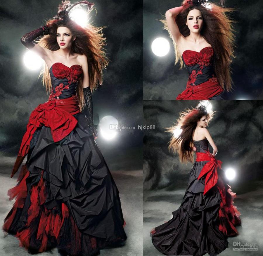 Mariage - Custom Made Dress Black And Red Wedding Gown Beads Appliques Bow Sash Ruffles A Line Wedding Dress MK 21113, $124.17 