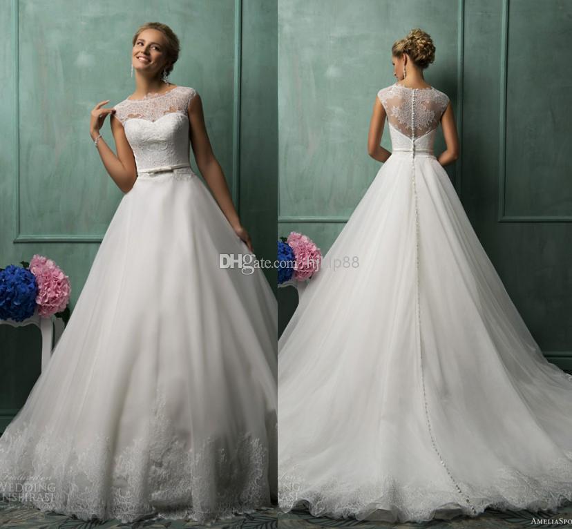 Wedding - AmeliaSposa 2014 Collection Wedding Dresses Illusion Jewel Neck And Backless Button Wedding Dress Tulle/Applique A-line Ruffles Bridal Gowns, $123.75 