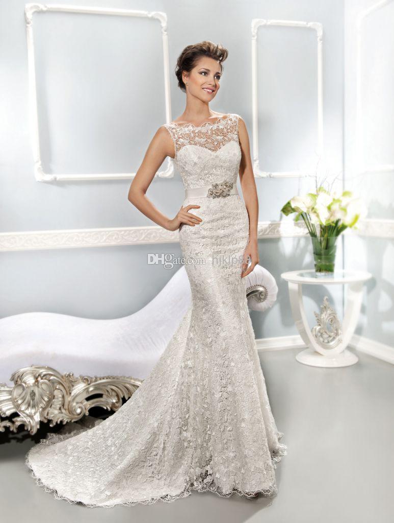 Свадьба - 2014 Collection Best-selling Illusion Neckline Covered Button Mermaid Sheath Lace Wedding Dresses Ivory White Zipper Bridal Gowns 7654 Online with $115.71/Piece on Hjklp88's Store 