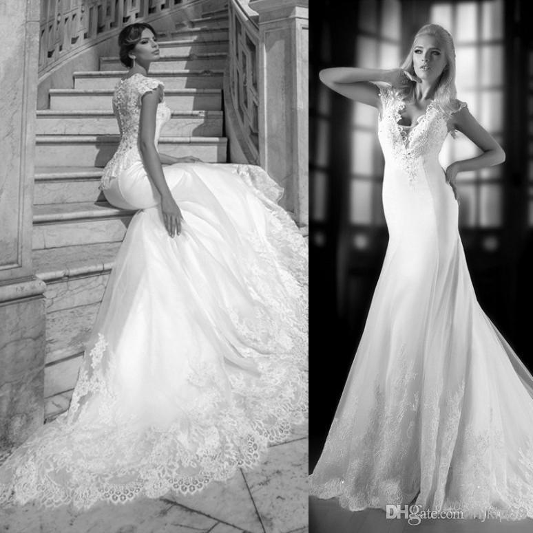 Mariage - ONE LOVE BY BIEN SAVVY 2014 New Sexy Deep V-Neck Illusion Back Wedding Dresses Tulle/Lace Applique Mermaid Wedding Gowns Cap Bridal Dress Online with $107.13/Piece on Hjklp88's Store 