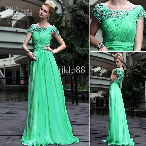 Hochzeit - Beautiful Charming Green A-line Lace Formal Evening Dresses Cap Sleeves Pleats Beads Long Party Gowns Floor Length Online with $73.3/Piece on Hjklp88's Store 