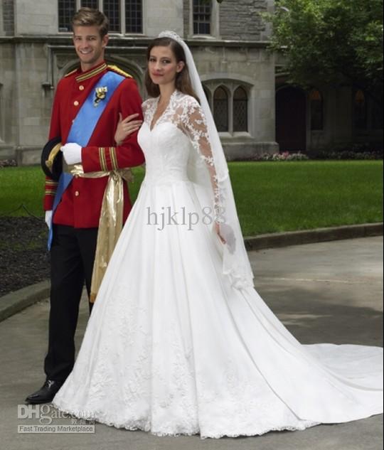 زفاف - Long Sleeve Satin And Lace Ball Gown Sweetheart with V-neck Cathedral Train Wedding Dresses Online with $119.95/Piece on Hjklp88's Store 