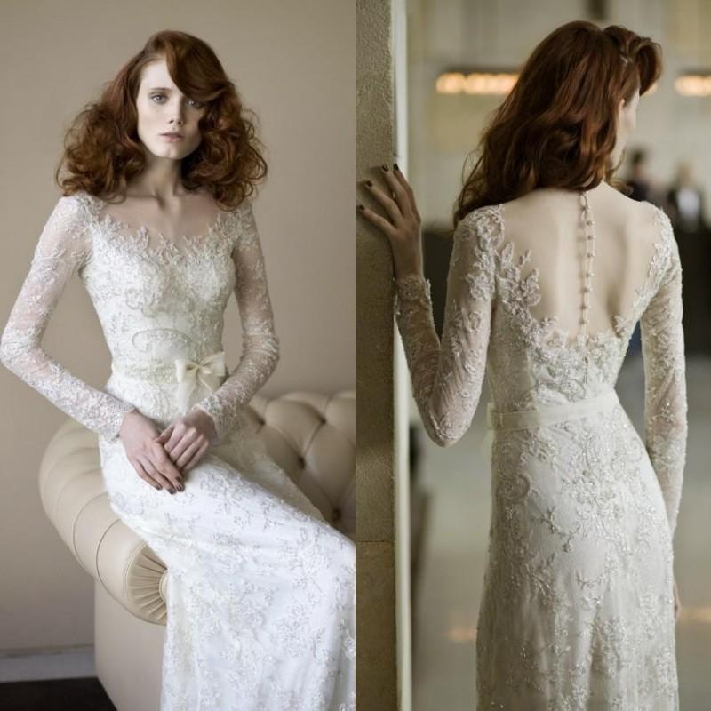 Свадьба - Vintage Long Sleeve Wedding Dresses Lace Sash Illusion Sheer Vestido De Novia 2015 Bridal Dresses Ball Gowns Designer By Mira Zwillinger, $128.2 