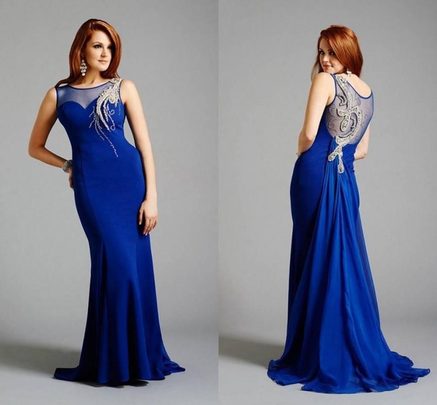 زفاف - Custom Made 2015 Illusion Neckline Blue Crystal Evening Dresses Hot Sale Sheath Formal Prom Dresses, $96.76 