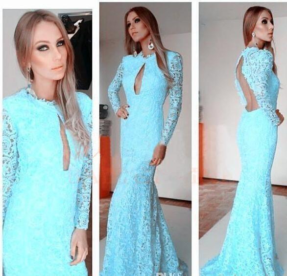 Hochzeit - New 2015 High Neck Lace Mermaid Long Sleeve Formal Evening Dresses China Style Bridal Wedding Party Gowns Real Image, $100.79 