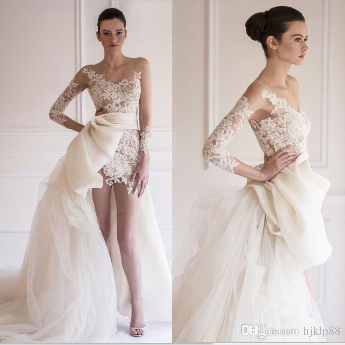 زفاف - 2015 New Arrival Maison Yeya Beach Wedding Dresses Sheer Bateau Illusion Long Sleeve Lace/Tulle Bridal Gowns High-low Wedding Dress, $112.88 