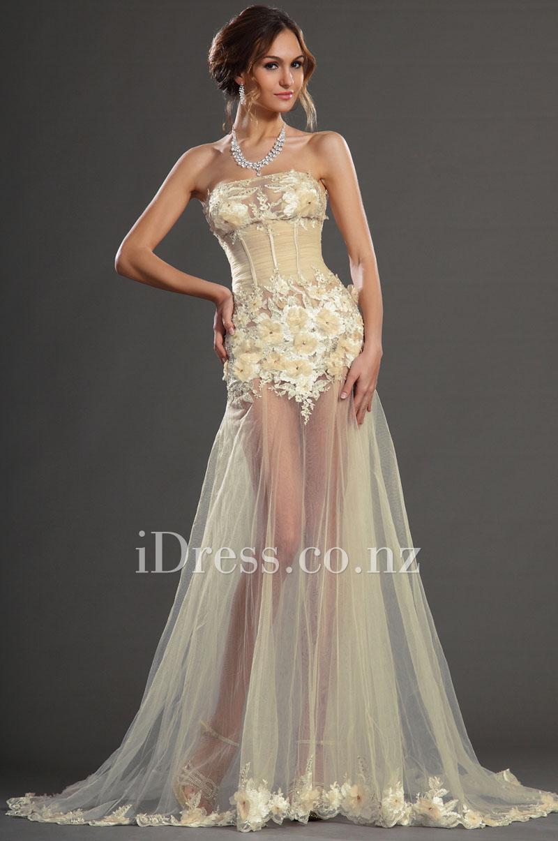 Hochzeit - Sexy Lace Appliqued Flowers Long Pale Yellow Tulle Evening Dress