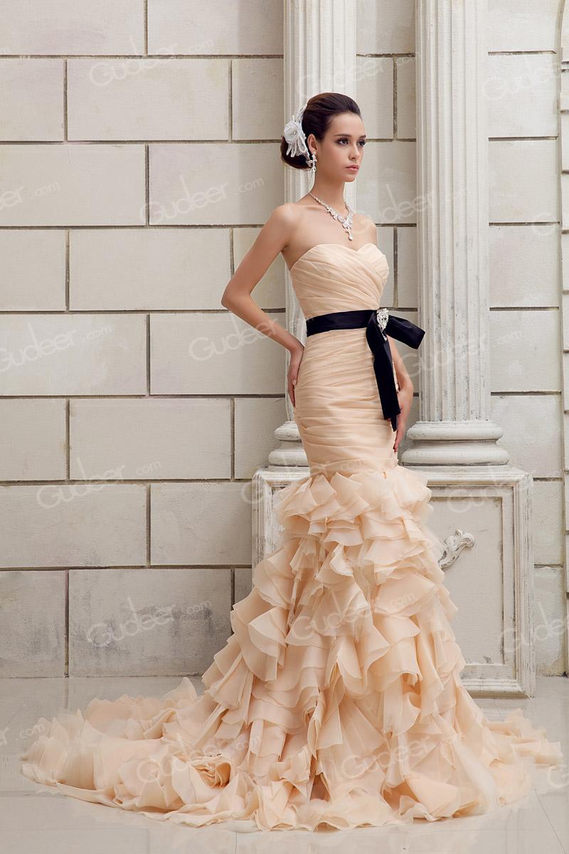 Свадьба - Champagne Organza Mermaid Dropped Bridal Gown with Tiered Flare Skirt