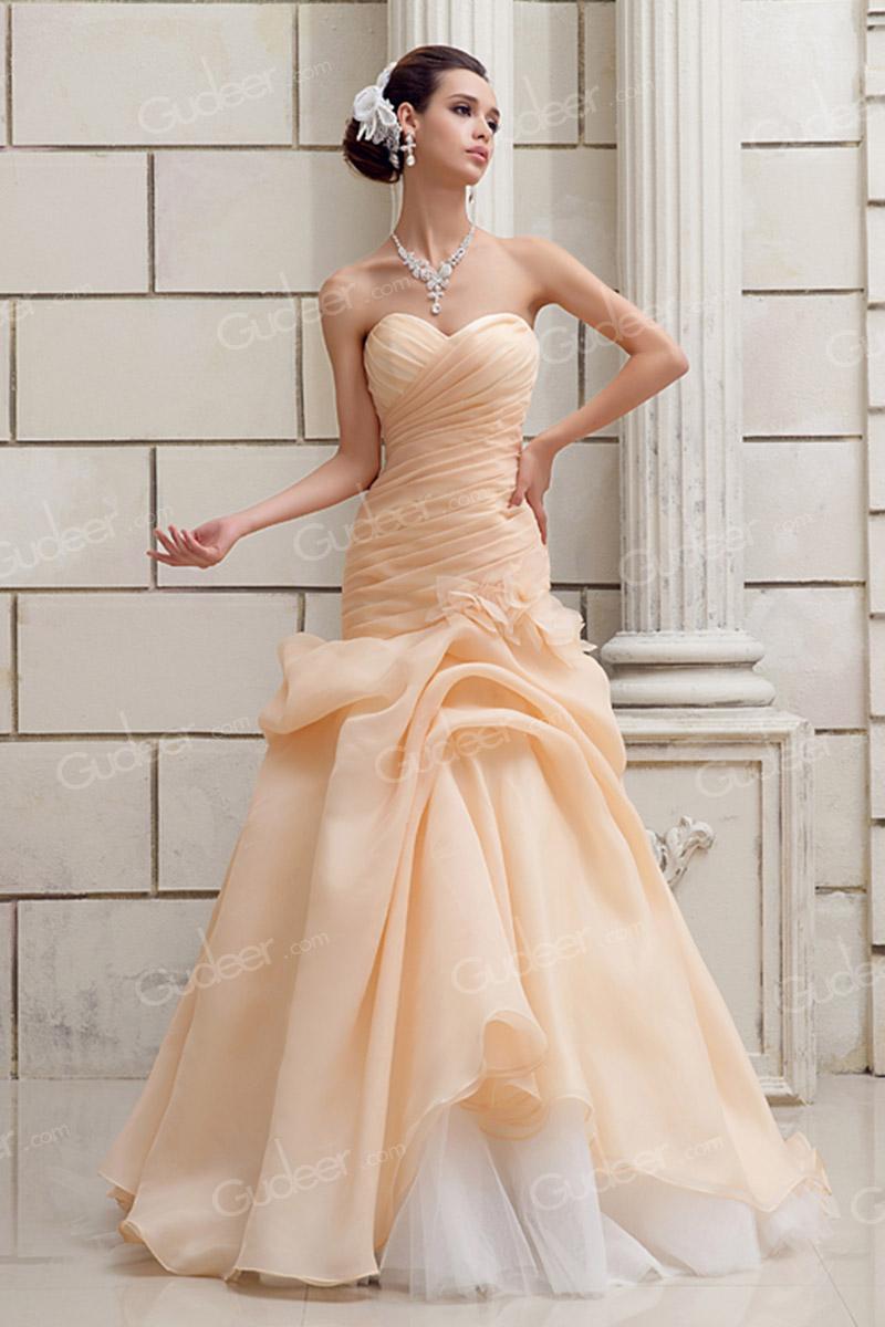 Hochzeit - Champagne Organza Strapless Dropped Waist Asymmetrical Ruched Wedding Dress