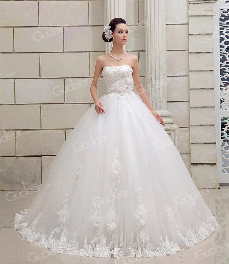Wedding - Gorgeous Strapless Handmade Flowers Lace Up Ball Gown Wedding Dress