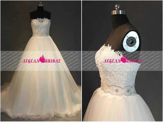 Wedding - RW370 Lace Wedding Dress Sequins Ball Gown Puffy Bridal Dress Long Bridal Gown Court Train Zipper Back Sweetheart Beaded Sash Wedding Gown