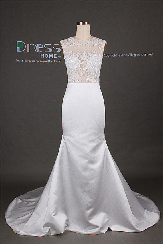 Свадьба - Sexy White Round Neck Lace Satin See Through Mermaid Wedding Dress/White Fishtail Wedding Gown/Lace Mermaid Bridal Dress/Beach Wedding DH304