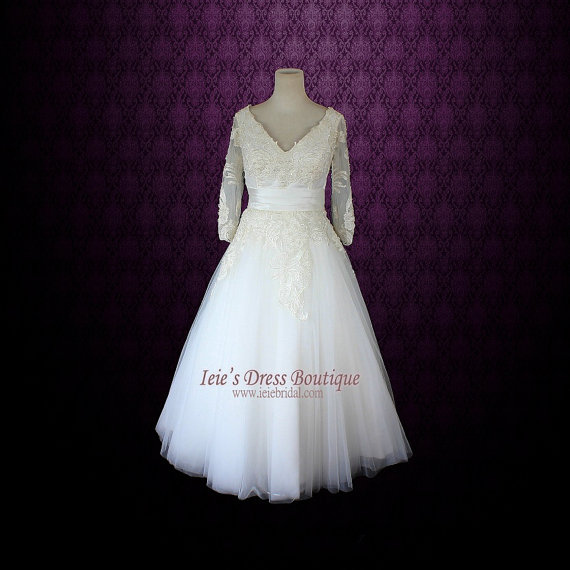 Hochzeit - Retro Wedding Dress Tea Length Wedding Dress Long Sleeves Wedding Dress Vintage Wedding Dress 