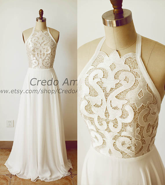 Hochzeit - Sexy Lace Chiffon Beach Wedding Dress Halter Neck Backless Open Back Sheer See Through Bridal Gown