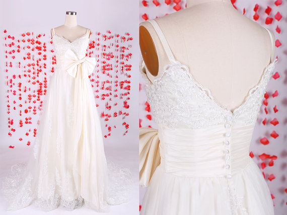 زفاف - Sweetheart Ivory  A-line Lace Wedding dresses Champagne sash spaghetti straps,Simple free sizing wedding gowns,Pregnant bride wedding dress