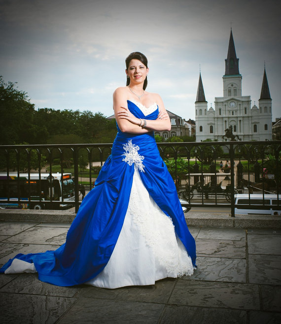Wedding - Blue Wedding Dress with White and Lace, Custom Made in your size - Dasa Style